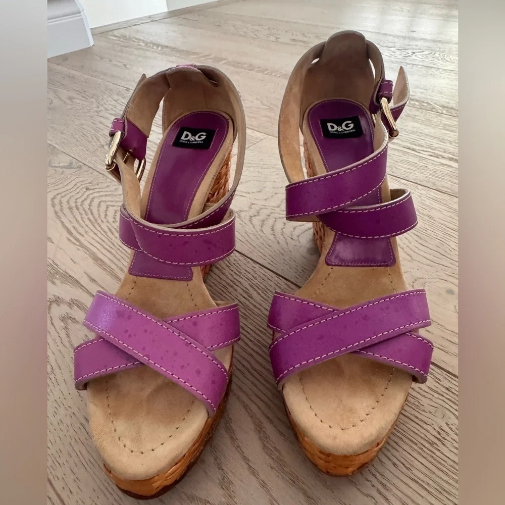 Dolce & Gabbana Purple Leather Ankle Strap Raffia Wedge Sandals Size 37